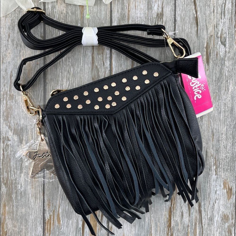 Justice Girls Fringe Crossbody Bag Purse Black